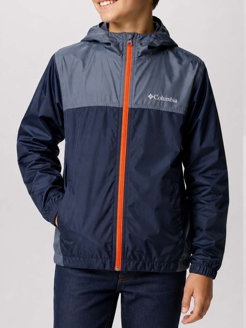 Columbia Flash Forward Hooded Windbreaker Jacket Youth L 14/16 Navy Gray Orange